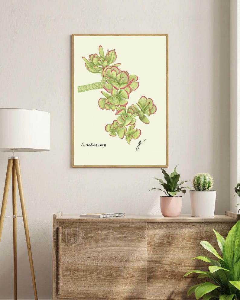 Jade print in a wooden frame hanging on a white wall
