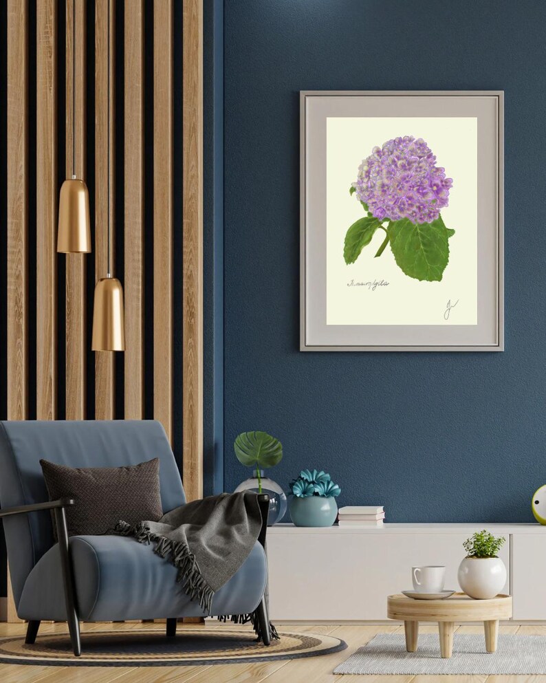 Hortensia print in a white frame with passpartout hanging on a blue wall