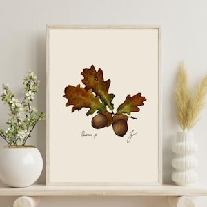Quercus print on a white shelf next to two white vases and a white background