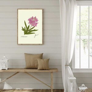 Oleander print hanging on a wooden cabin wall above a bench with two brown pillows