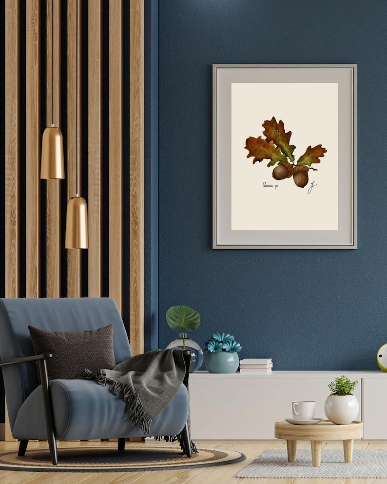 Quercus print in a white frame with passpartout hanging on a blue wall