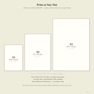 The image is a collage of three different sizes of A4-sized paper, ranging from 11.7" to 11.7" wide, and 14.8" to 14.8" wide. The sizes vary from A3 to A4, with the largest being A4 and the smallest being A3. The image also includes a note that the sizes are available on request, and that the paper sizes can be used for various purposes, such as printing at home or at a print shop.