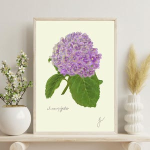 Hortensia print on a white shelf next to two white vases and a white background