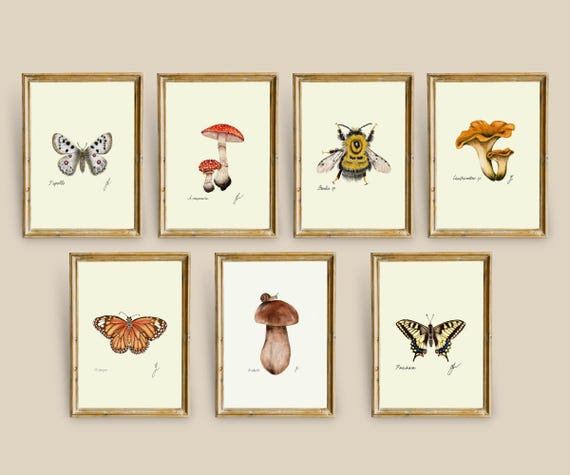 Mushroom Butterfly Prints Set: Botanical Illustration Art (Digital Download)