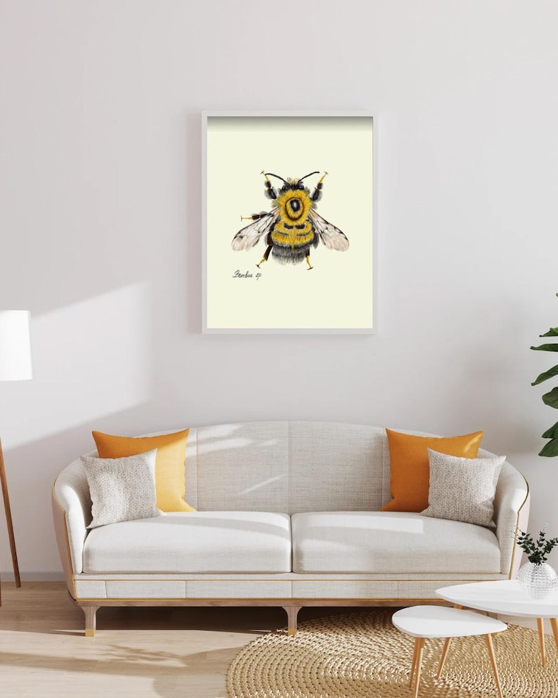 Bumblebee print in a white framed print on a white wall above a white couch