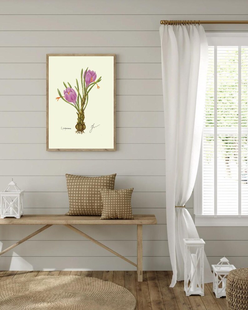 Crocus print hanging on a wooden cabin wall above a bench with two brown pillows