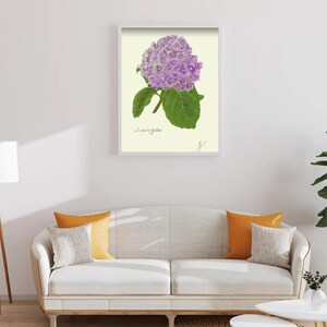 Hortensia print in a white framed print on a white wall above a white couch