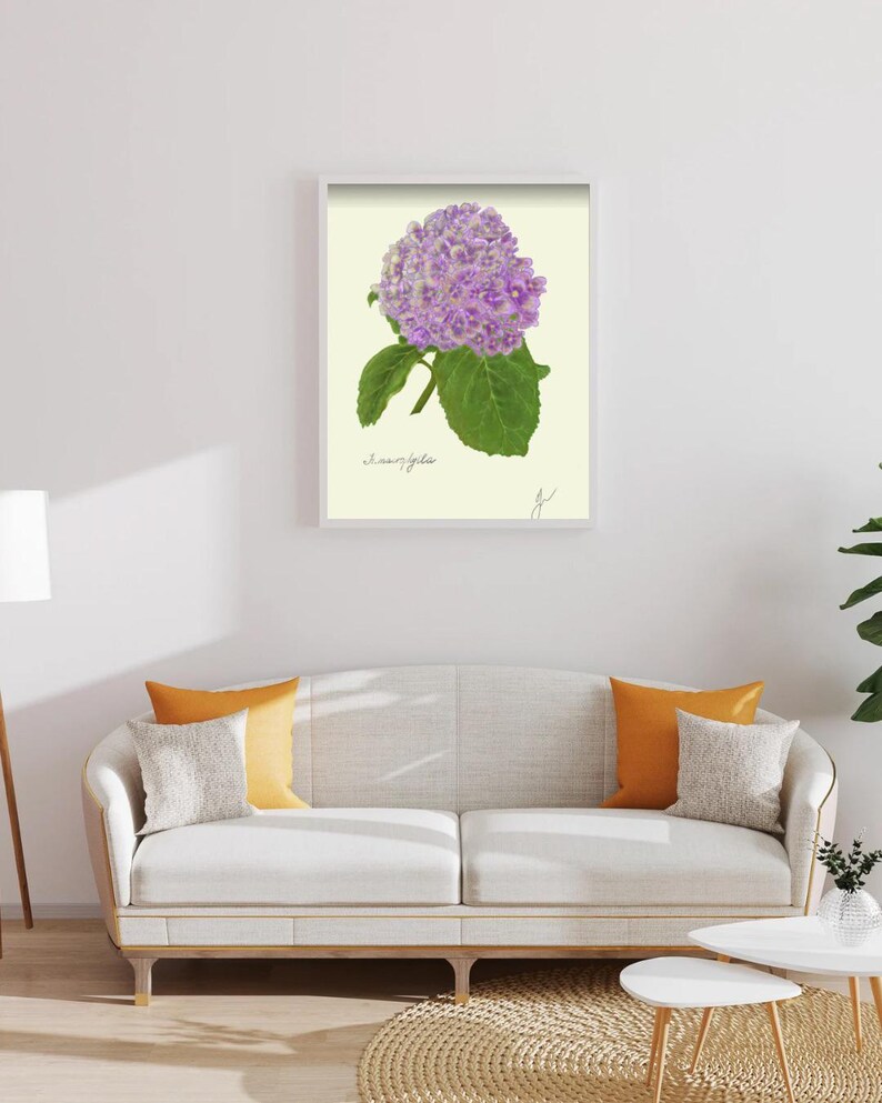 Hortensia print in a white framed print on a white wall above a white couch