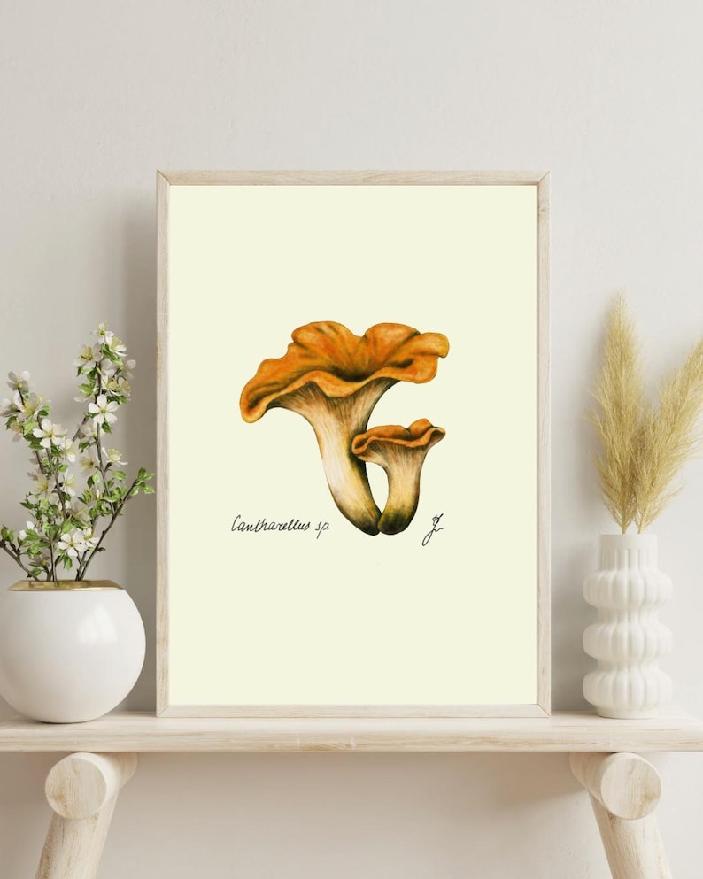 Chanterelle print on a white shelf next to two white vases and a white background