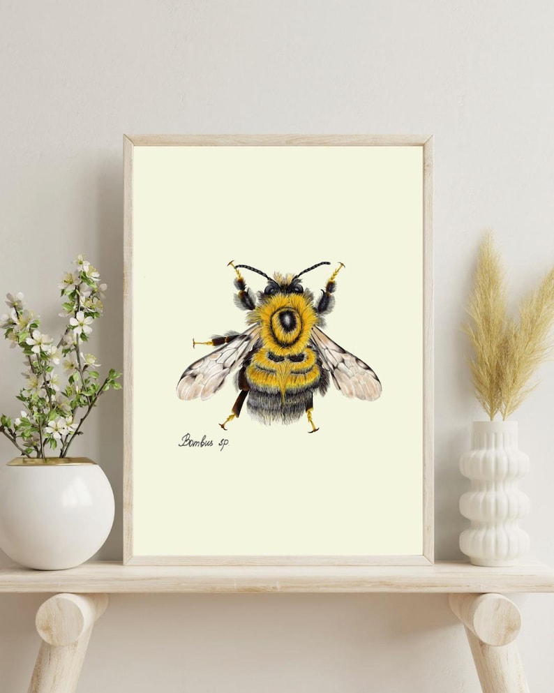 Bumblebee print on a white shelf next to two white vases and a white background