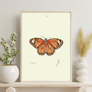 Monarch print on a white shelf next to two white vases and a white background