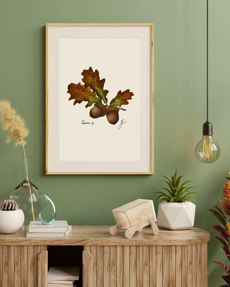Quercus print in a wooden frame with white passpartout hanging on a green wall above the dresser