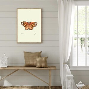 Monarch print hanging on a wooden cabin wall above a bench with two brown pillows