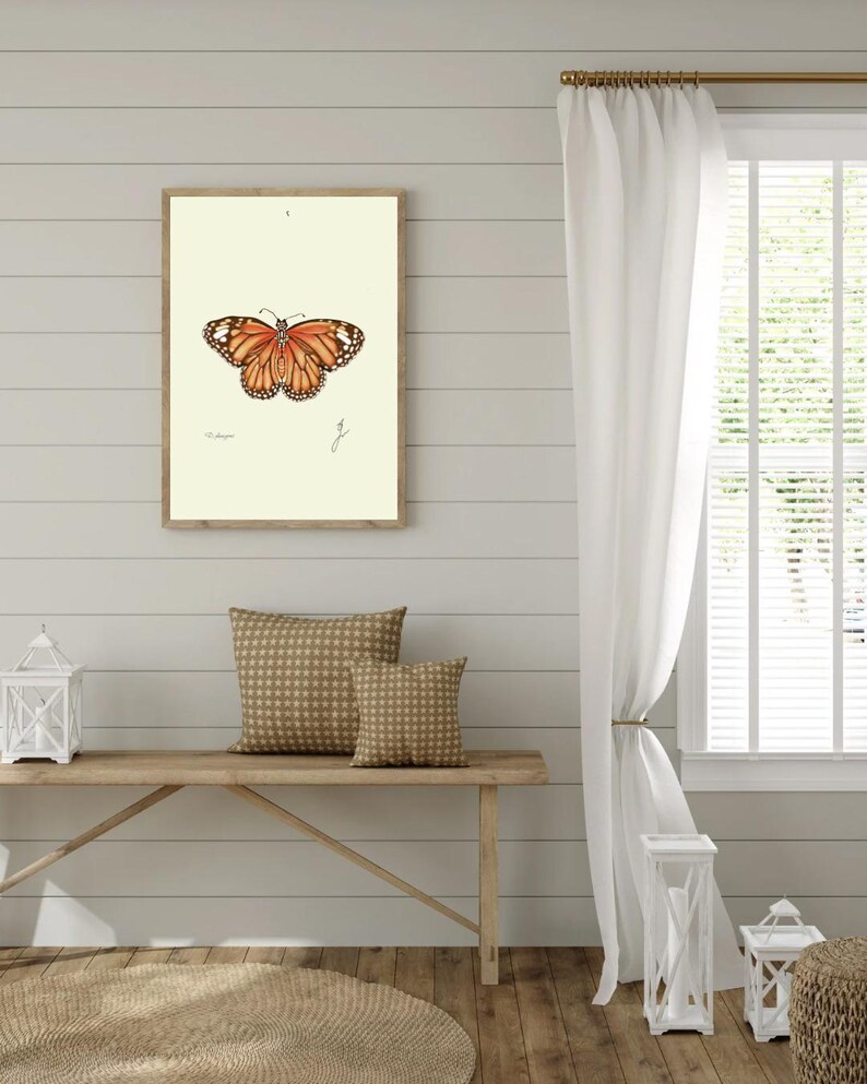 Monarch print hanging on a wooden cabin wall above a bench with two brown pillows
