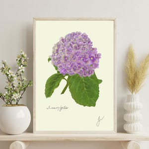 Hortensia print on a white shelf next to two white vases and a white background