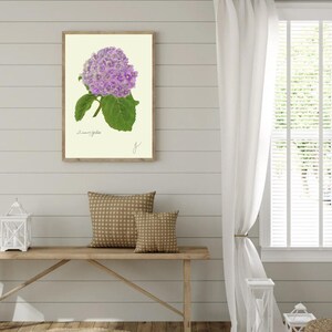 Hortensia print hanging on a wooden cabin wall above a bench with two brown pillows