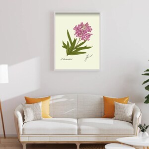 Oleander print in a white framed print on a white wall above a white couch