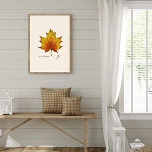 Acer print hanging on a wooden cabin wall above a bench with two brown pillows