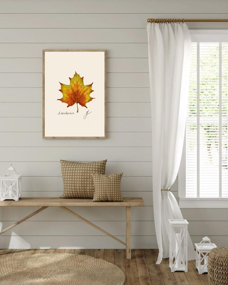 Acer print hanging on a wooden cabin wall above a bench with two brown pillows