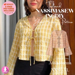 May include: A yellow and white plaid blouse with long sleeves and two front tie closures. The image includes text reading Tailored NASSIMASEWINGDIY Blouse Sewing Pattern, A0/A4 format, and XXS/5XL, along with a pink circle stating BONUS! 2 FREE PATTERNS INCLUDED.