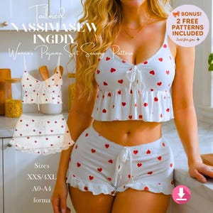 May include: White pajama set with red heart pattern. The set includes a camisole top with a tie and ruffled hem, and matching shorts. The image also shows the text "NASSIMASEW INGDYI Women's Pajama Set Sewing Pattern".
