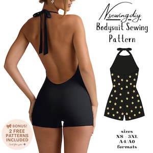 Patrón de costura en PDF para body sin espalda, body corto con espalda descubierta, patrón de mono sin espalda, tallas XS-XXXL, instrucciones, formatos A0, A4, Carta EE. UU.