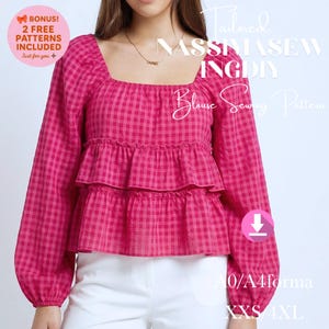 May include: A pink gingham blouse with long sleeves and a square neckline. The blouse features two ruffled tiers and is part of a sewing pattern. Text on the image includes "BONUS! 2 FREE PATTERNS INCLUDED" and "NASSIMASEW INGDIY Blouse Sewing Pattern".