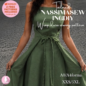 Puede incluir: Un vestido cruzado de color verde oliva con escote cuadrado y cierre de lazo en la cintura. El texto en la imagen dice: Tailored NASSIMASEW INGDIY Wrap dress sewing pattern, BONUS! 2 FREE PATTERNS INCLUDED, A0/A4forma y XXS/5XL.