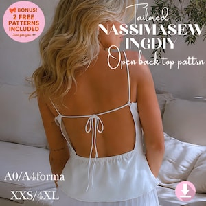 Op de afbeelding: Een wit topje met open rug, dunne spaghettibandjes en een striksluiting in het midden van de rug. De tekst op de afbeelding luidt: Tailored NASSIMASEWINGDIY Open back top pattern, BONUS! 2 FREE PATTERNS INCLUDED, A0/A4forma en XXS/4XL.