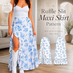 May include: A white maxi skirt with a blue floral pattern, featuring a high side slit with ruffled edges. The text reads Ruffle Slit Maxi Skirt Pattern, A0, A4, US Letter, XXS-4XL, and Bonus! 2 Free Patterns Included. Includes two technical sketches.