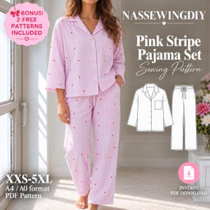 May include: A pink and white striped pajama set with small red heart prints, featuring a button-down shirt with a collar and long pants. The image includes text: NASSEWINGDIY, Pink Stripe Pajama Set Sewing Pattern, XXS-5XL, A4/A0 format.