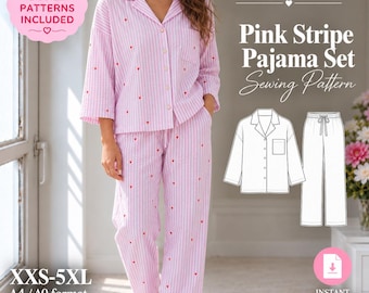 Puede incluir: Un conjunto de pijama a rayas rosas y blancas con pequeños corazones rojos estampados, que incluye una camisa abotonada con cuello y pantalones largos. La imagen incluye el texto: NASSEWINGDIY, Pink Stripe Pajama Set Sewing Pattern, XXS-5XL.
