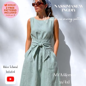 Könnte beinhalten: Ein ärmelloses Wickelkleid in Salbeigrün mit einem breiten Bindegürtel und Seitentaschen. Die Texteinblendungen umfassen NASSIMASEW INGDY, Wrap dress sewing pattern, Video Tutorial Included, A0/A4 format, xs/4xl und Bonus 2 free patterns included.