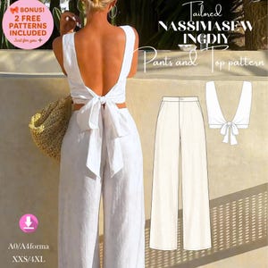 Puede incluir: Patrón de pantalón y top de lino blanco con un top con lazo en la espalda. La imagen incluye una mujer que lleva el conjunto, una vista plana del pantalón y el top, y el texto "Tailored NASSIMASEWINGDIY Pants and Top pattern". Las tallas del patrón van de la XXS a la 4XL.
