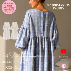 Könnte beinhalten: Ein blau-weiß kariertes Kleid mit langen Puffärmeln, geraffter Taille und einer Knopfleiste am Rücken. Das Bild enthält Textüberlagerungen: BONUS! 2 FREE PATTERNS INCLUDED, NASSIMASEW INGDY, Puff Sleeve Dress sewing pattern, A0/A4/USformat, XXS/4XL und Video Tutorial Included.