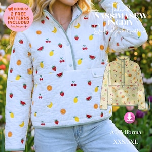 May include: White quilted jacket pattern with fruit designs, including strawberries, lemons, oranges, cherries, and watermelon. The jacket has a stand-up collar, a front pocket, and a button-up closure. The image also includes the text "BONUS! 2 FREE PATTERNS INCLUDED".
