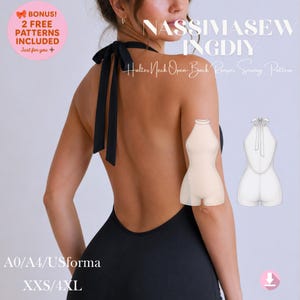 May include: A black halter neck romper with an open back and tie closure at the neck. The image includes text reading NASSIMASEWINGDIY, Halter Neck Open-Back Romper Sewing Pattern, A0/A4/USforma, and XXS/4XL, along with two technical sketches.