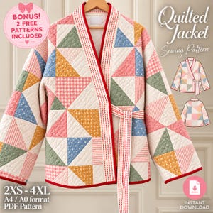 May include: A quilted jacket sewing pattern featuring a wrap-style design with a tie belt. The jacket is constructed from triangular patches in pink, blue, yellow, and green with gingham and polka dot prints. It includes red trim and text.