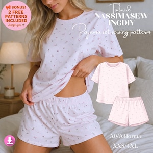 Patrón de costura para conjunto de pijama, camiseta, pantalones cortos y ropa de estar por casa, ideal para principiantes (descarga digital).