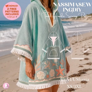 Puede incluir: Un poncho de toalla con capucha en color verde claro, con escote en V, mangas cortas y ribete de flecos blancos. La prenda presenta motivos bordados de corales y conchas en naranja y blanco. Un dibujo lineal blanco del patrón se superpone.
