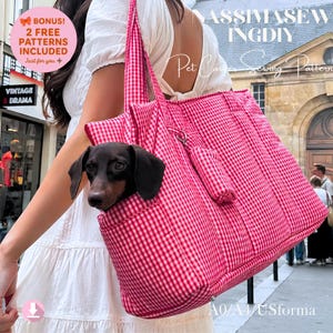Puede incluir: Un bolso transportador de mascotas de cuadros vichy rojos y blancos con un pequeño bolsillo adjunto, donde un perro salchicha marrón oscuro asoma por la abertura lateral. El texto dice NASSIMASEWINGDIY Pet Carrier Sewing Pattern y A0/A4/USformat.