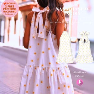 Halter Mini Dress Sewing Pattern, Open Back Bow, Ruffle Hem (PDF Download)