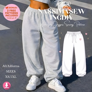 May include: Light gray wide-leg joggers with a drawstring waist and elastic cuffs. The image includes a sewing pattern illustration and text that reads "ASSIMASEW INGDY Wide Leg Joggers Sewing Pattern." Additional text indicates sizes XS/5XL and "BONUS! 2 FREE PATTERNS INCLUDED."