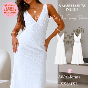 Peut inclure: Une robe blanche sans manches avec un décolleté en V et un motif floral ajouré subtil. Le texte NASSIMASEW INGDIY V-Neck Bias Cut Dress Sewing Pattern est visible, ainsi que A0/A4forma et XXS/4XL. Deux illustrations de robe sont incluses.
