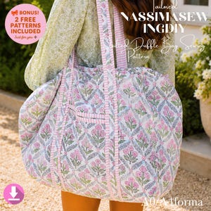 May include: A quilted duffle bag sewing pattern with a floral design in pink and green on a white background. The bag has pink striped accents and straps. Text on the image reads "Tailored NASSIMASEW INGDDIY Quilted Duffle Bag Sewing Pattern".