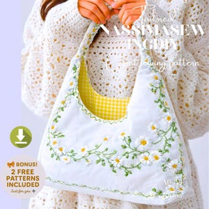 May include: White tote bag with daisy embroidery and a yellow gingham lining. The bag has a curved top and a green and white floral design. Text on the bag reads "Tailored NASSIMASEW INGDIY corset sewing pattern".