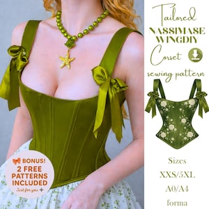 Puede incluir: Corsé verde oliva con tirantes a juego atados con lazos. Un colgante de estrella de mar dorada cuelga de un collar de cuentas verdes. La imagen incluye texto que dice "Tailored NASSIMASE WINGDIY Corset sewing pattern" y "BONUS! 2 FREE PATTERNS INCLUDED".