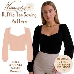 Patrón de costura para blusa con volantes / Blusa campesina con hombros descubiertos / Patrón + ilustración detallada / Tallas XS - 5XL / A0, A4 y carta estadounidense