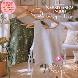 May include: Two side-tie top patterns on wooden hangers. One is olive green with a floral print, the other is a light beige. The image includes text that says "Side tie top pattern" and "A0/A4 forma XXS/5XL".