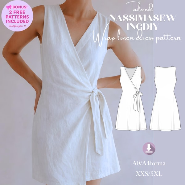 Wrap Dress Sewing Pattern, V Neck Linen Dress, Tie Waist, Sleeveless, XXS-5XL (Digital Download)